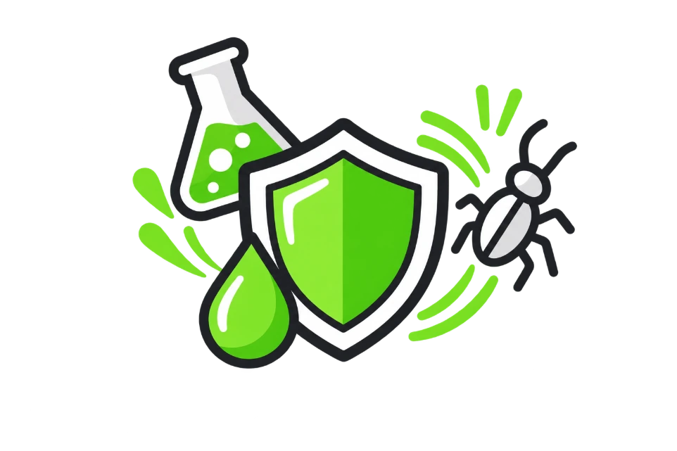 Drawing of a shield in front of a beaker and an insect