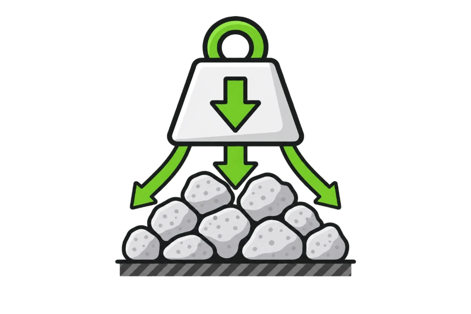 Drawing of a large weight above a pile of rocks