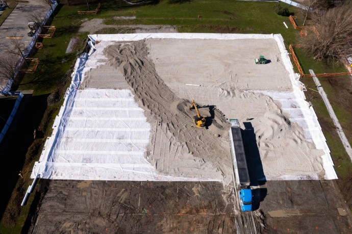 Arial photo of Enviro-Rock being used beneath a soccer field to reduce loading on compressible soils while providing a stable, free-draining base