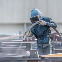 worker in protective equipment sand blasting